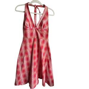 Eva Franco Red White Plaid Halter Skater Dress Fitted Bodice Fit and Flare